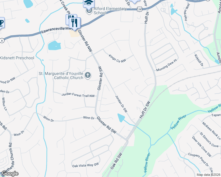 map of restaurants, bars, coffee shops, grocery stores, and more near 460 Hulan Way in Lawrenceville