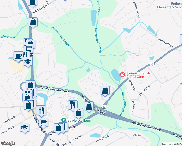 map of restaurants, bars, coffee shops, grocery stores, and more near 91 West Cardinal Lane in Lawrenceville