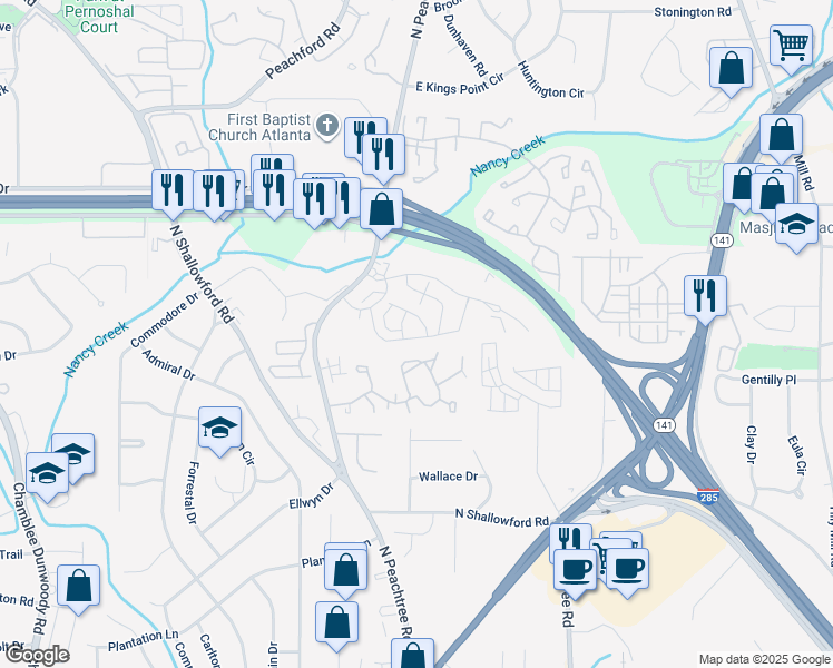 map of restaurants, bars, coffee shops, grocery stores, and more near 2314 Kaylen Drive in Chamblee