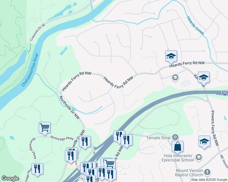 map of restaurants, bars, coffee shops, grocery stores, and more near 15 Cameron Glen Drive Northwest in Atlanta