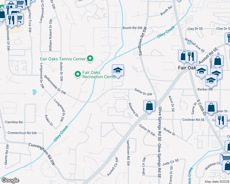 map of restaurants, bars, coffee shops, grocery stores, and more near 189 Dunleith Parkway Southwest in Marietta