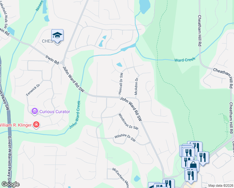map of restaurants, bars, coffee shops, grocery stores, and more near 1570 Hascall Drive Southwest in Marietta