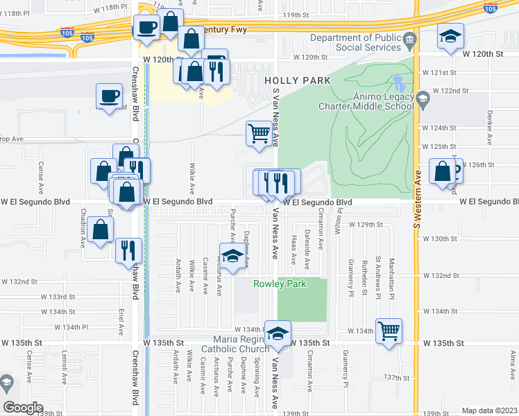 map of restaurants, bars, coffee shops, grocery stores, and more near 2300 West El Segundo Boulevard in Hawthorne