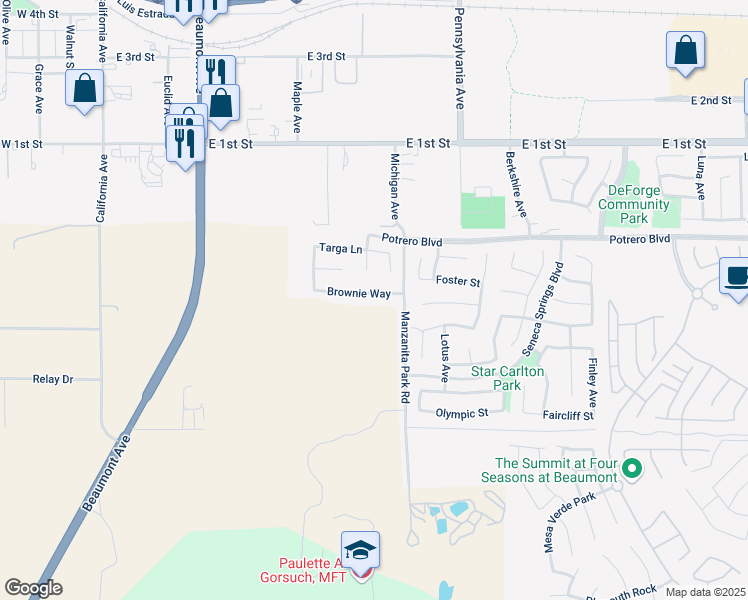 map of restaurants, bars, coffee shops, grocery stores, and more near 912 Brownie Way in Beaumont