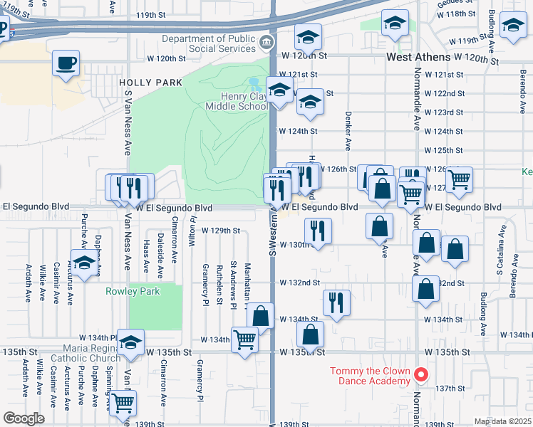 map of restaurants, bars, coffee shops, grocery stores, and more near 2030 South Western Avenue in Gardena