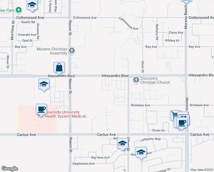 map of restaurants, bars, coffee shops, grocery stores, and more near 14064 Carina Street in Moreno Valley