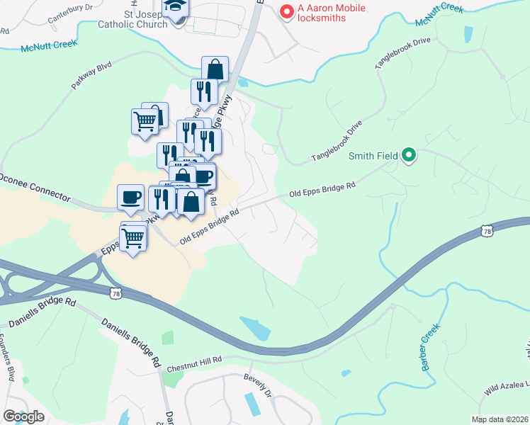 map of restaurants, bars, coffee shops, grocery stores, and more near 1340 Old Epps Bridge Road in Athens