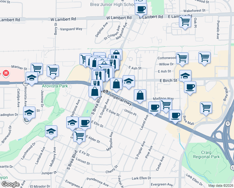 map of restaurants, bars, coffee shops, grocery stores, and more near 230 South Orange Avenue in Brea