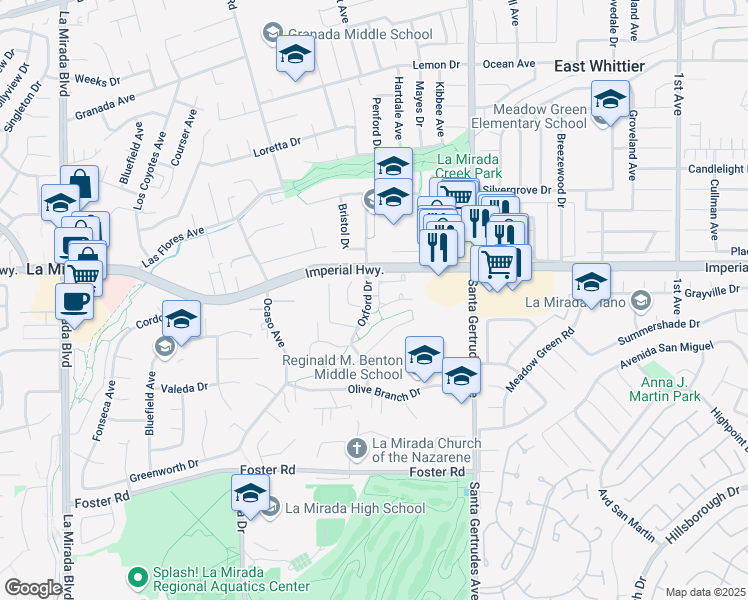 map of restaurants, bars, coffee shops, grocery stores, and more near 12608 Sparwood Lane in La Mirada