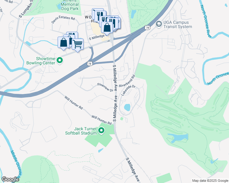 map of restaurants, bars, coffee shops, grocery stores, and more near 2200 South Milledge Avenue in Athens