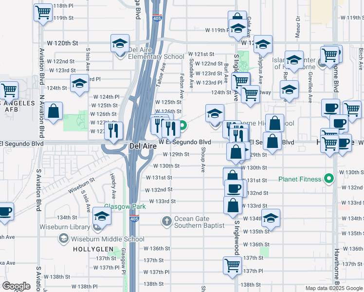 map of restaurants, bars, coffee shops, grocery stores, and more near 5010 West El Segundo Boulevard in Hawthorne