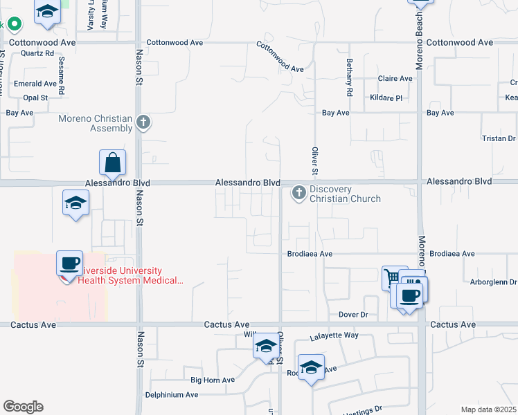 map of restaurants, bars, coffee shops, grocery stores, and more near 14069 Cordelia Street in Moreno Valley