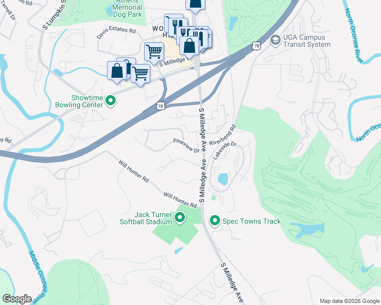 map of restaurants, bars, coffee shops, grocery stores, and more near 875 Venita Drive in Athens