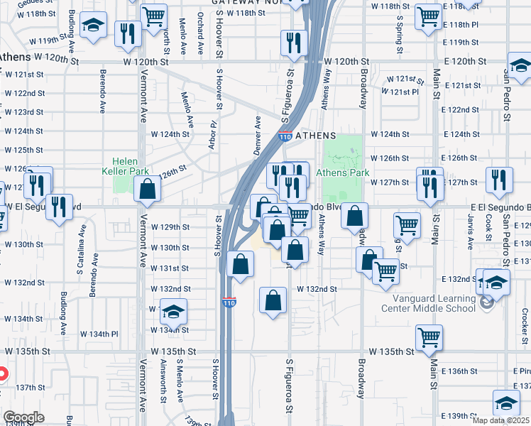 map of restaurants, bars, coffee shops, grocery stores, and more near 12811 South Figueroa Street in Los Angeles