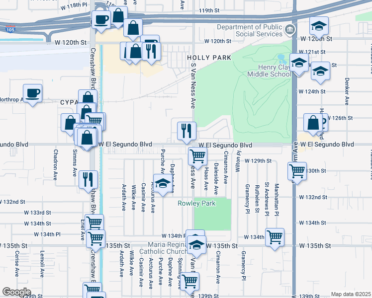 map of restaurants, bars, coffee shops, grocery stores, and more near 2300 West El Segundo Boulevard in Gardena