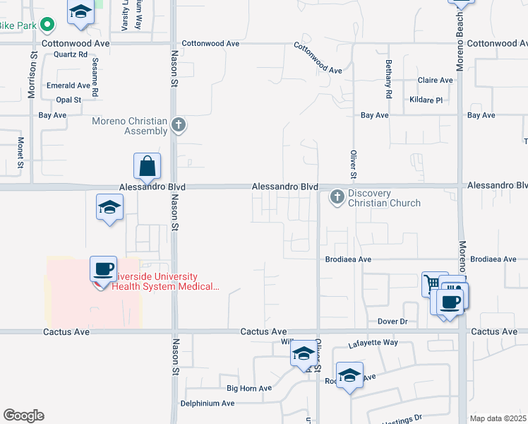 map of restaurants, bars, coffee shops, grocery stores, and more near in Moreno Valley