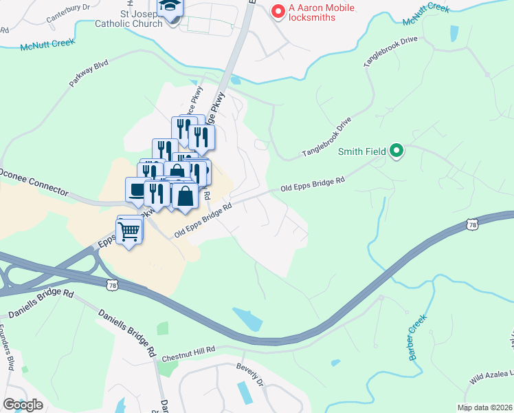 map of restaurants, bars, coffee shops, grocery stores, and more near 1340 Old Epps Bridge Road in Athens