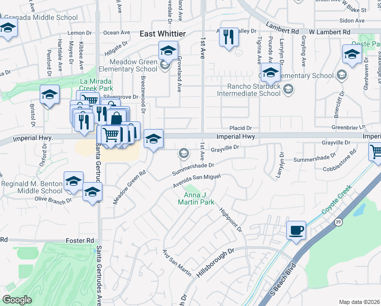 map of restaurants, bars, coffee shops, grocery stores, and more near 16126 Grayville Drive in La Mirada