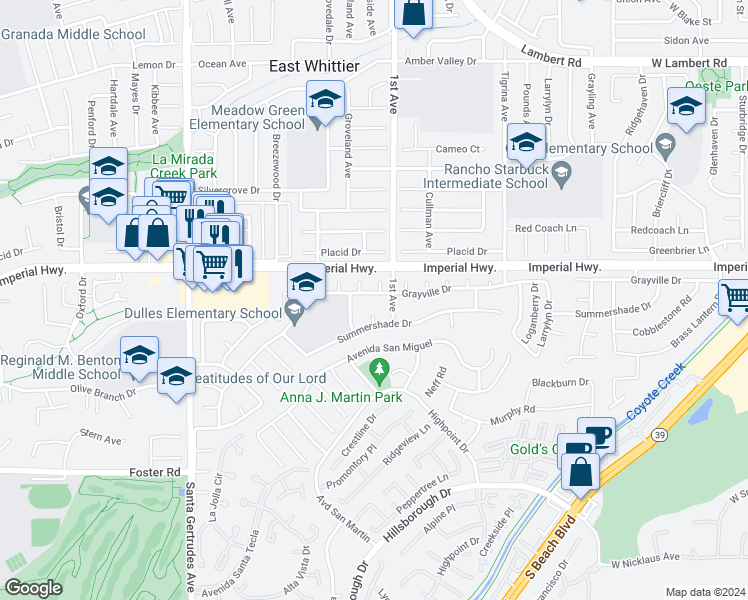 map of restaurants, bars, coffee shops, grocery stores, and more near 16132 Grayville Drive in La Mirada