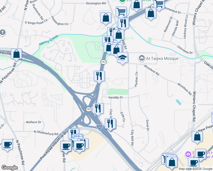 map of restaurants, bars, coffee shops, grocery stores, and more near 2602 Avery Park Circle in Doraville