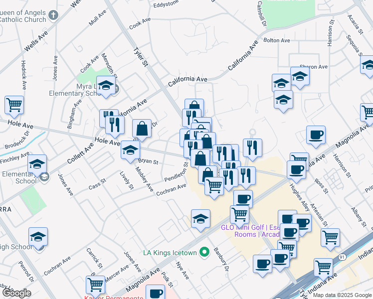 map of restaurants, bars, coffee shops, grocery stores, and more near 10362 Wagner Way in Riverside