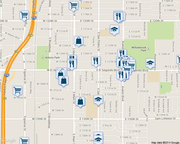 map of restaurants, bars, coffee shops, grocery stores, and more near 216 East El Segundo Boulevard in Los Angeles