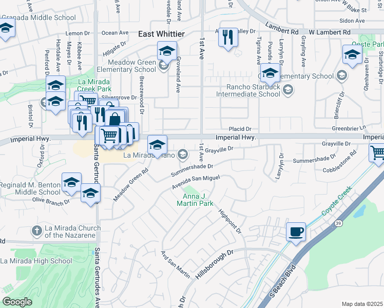 map of restaurants, bars, coffee shops, grocery stores, and more near 16132 Grayville Drive in La Mirada