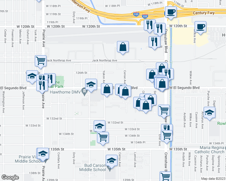 map of restaurants, bars, coffee shops, grocery stores, and more near 3440 El Segundo Boulevard in Hawthorne