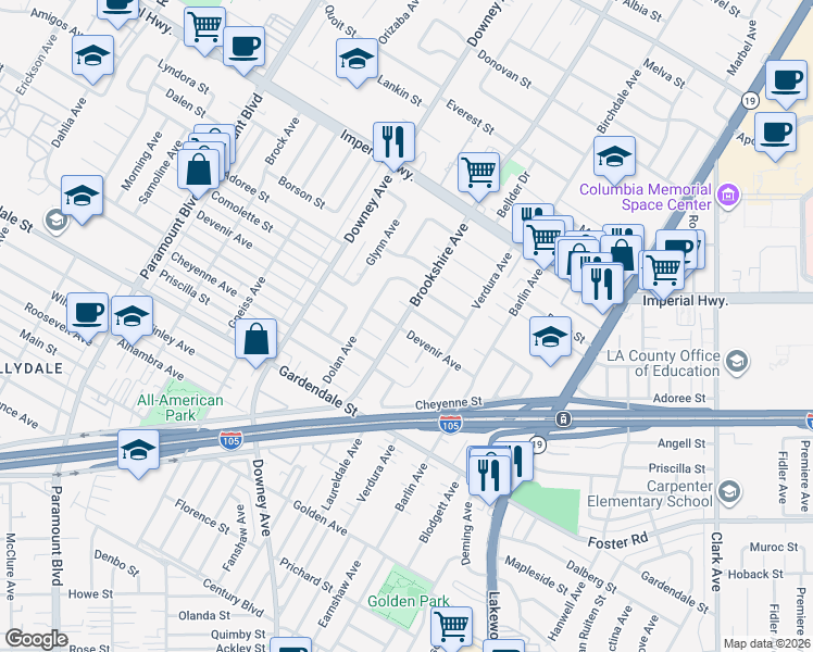 map of restaurants, bars, coffee shops, grocery stores, and more near 8503 Devenir Avenue in Downey