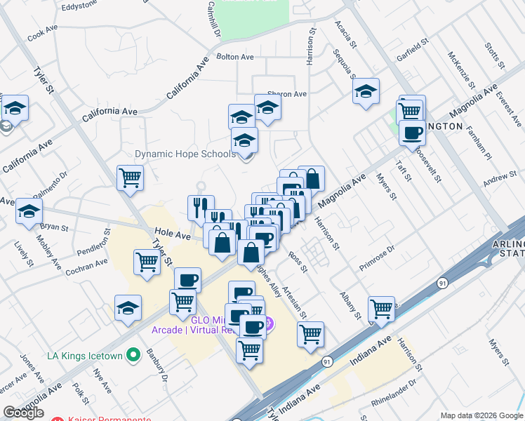 map of restaurants, bars, coffee shops, grocery stores, and more near 3868 Dawes Street in Riverside