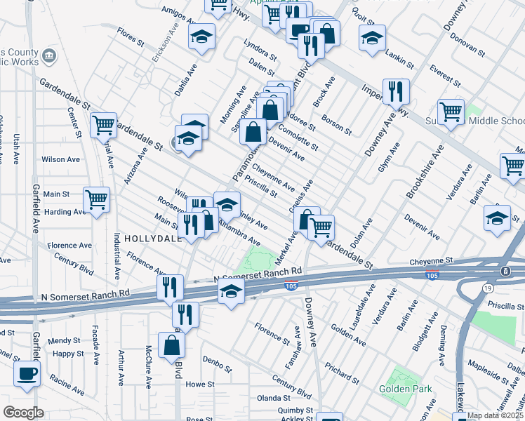 map of restaurants, bars, coffee shops, grocery stores, and more near 8107 Gardendale Street in Downey