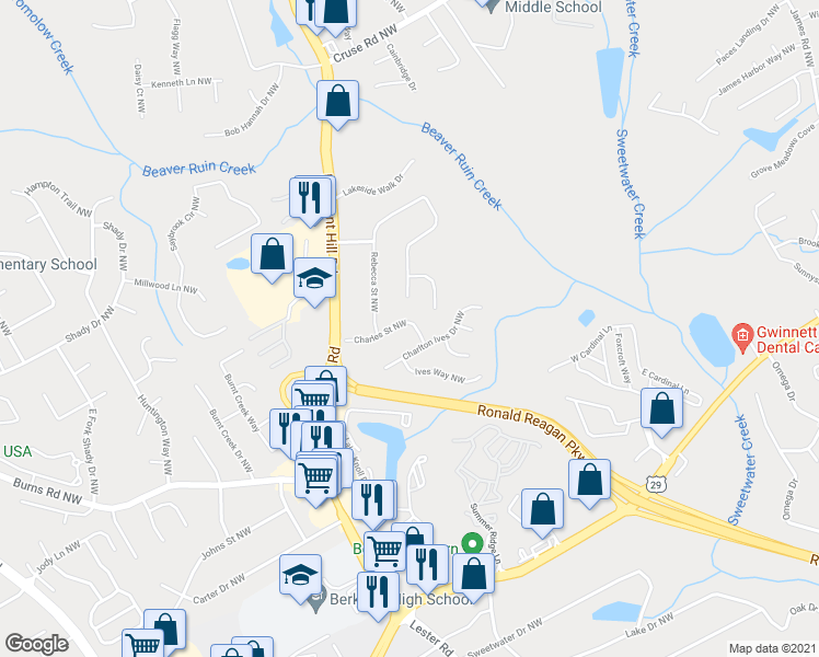 map of restaurants, bars, coffee shops, grocery stores, and more near 3706 Charles Street Northwest in Lilburn