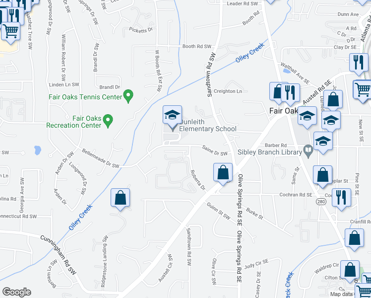 map of restaurants, bars, coffee shops, grocery stores, and more near 137 Dunleith Parkway Southwest in Marietta