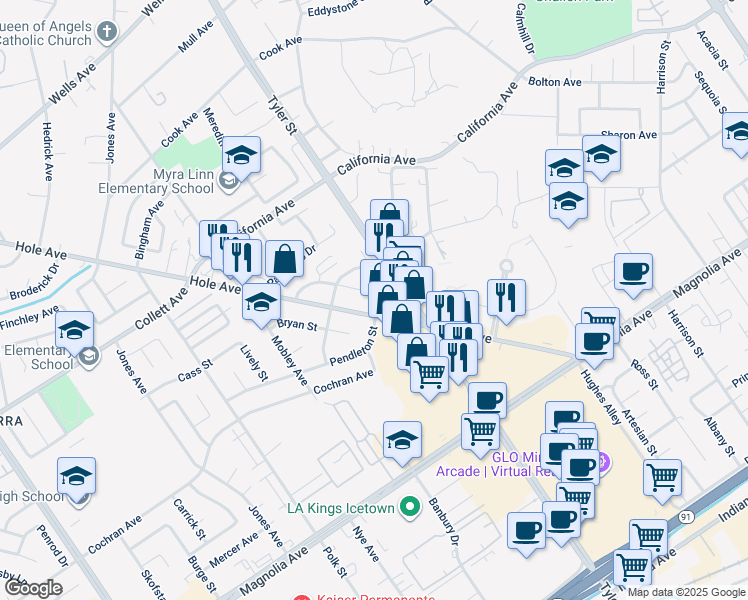 map of restaurants, bars, coffee shops, grocery stores, and more near 10362 Wagner Way in Riverside