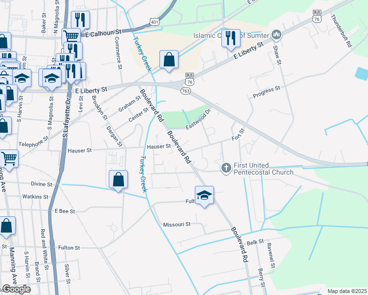 map of restaurants, bars, coffee shops, grocery stores, and more near 30 Park Homes Court in Sumter
