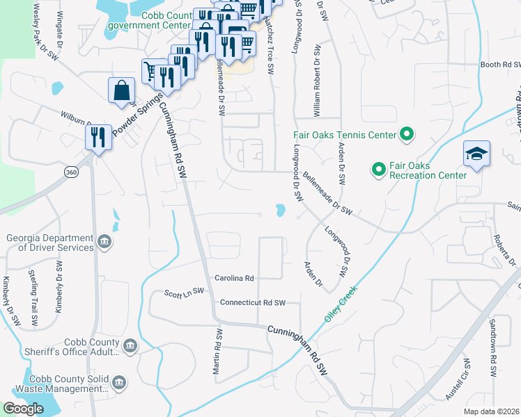 map of restaurants, bars, coffee shops, grocery stores, and more near 610 Lowell Drive Southwest in Marietta