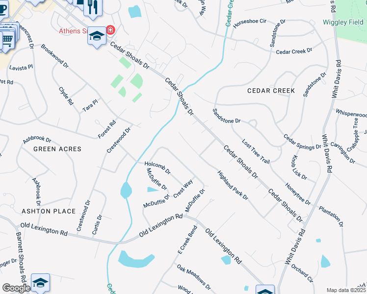 map of restaurants, bars, coffee shops, grocery stores, and more near 117 Highland Park Drive in Athens