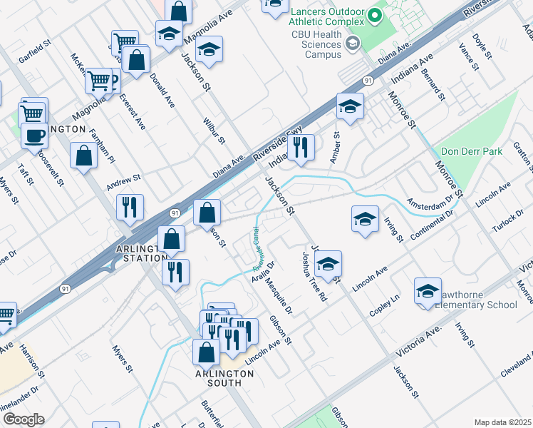 map of restaurants, bars, coffee shops, grocery stores, and more near Arvoredo Lane in Riverside