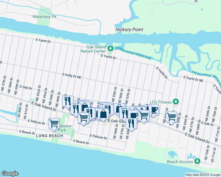 map of restaurants, bars, coffee shops, grocery stores, and more near 224 Northeast 54th Street in Oak Island