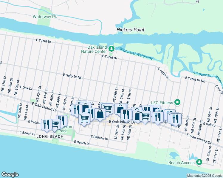 map of restaurants, bars, coffee shops, grocery stores, and more near 224 Northeast 54th Street in Oak Island