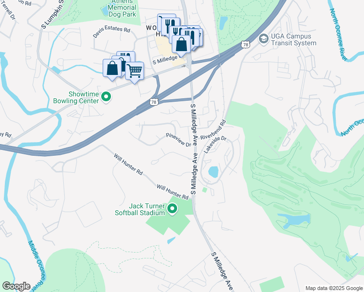 map of restaurants, bars, coffee shops, grocery stores, and more near 875 Venita Drive in Athens