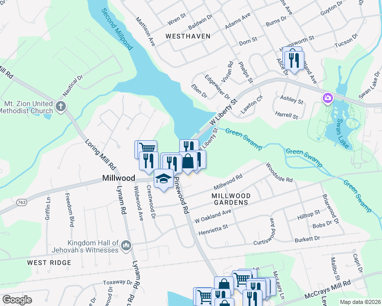 map of restaurants, bars, coffee shops, grocery stores, and more near 1100 West Liberty Street in Sumter