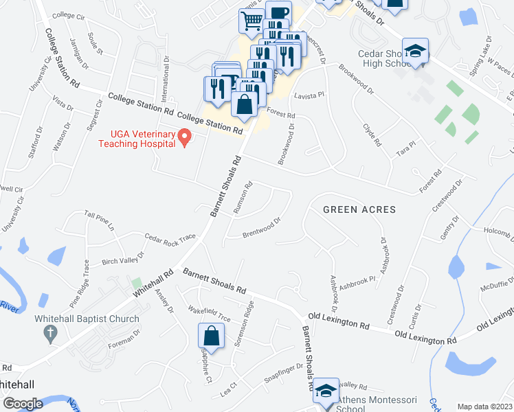 map of restaurants, bars, coffee shops, grocery stores, and more near 245 Clarke Drive in Athens