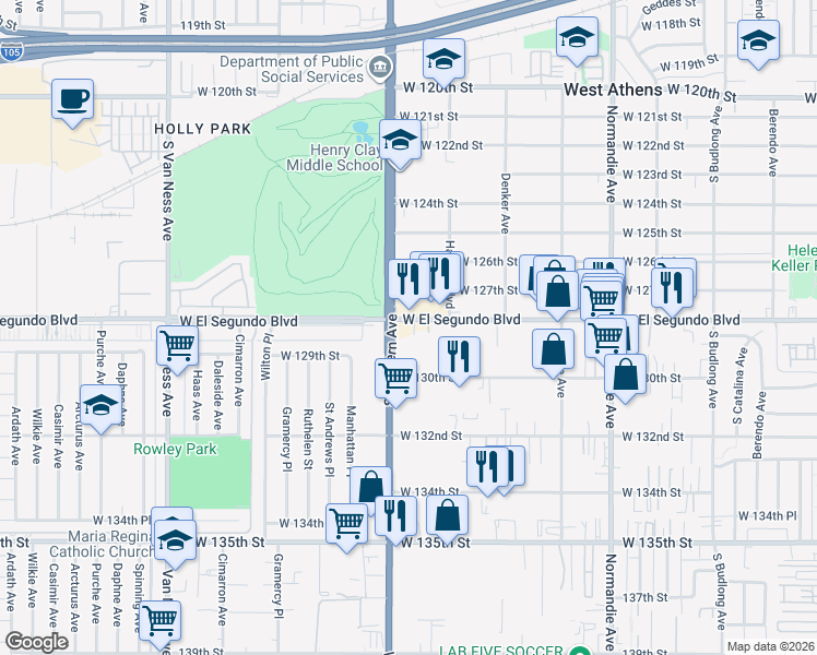 map of restaurants, bars, coffee shops, grocery stores, and more near 1733 West El Segundo Boulevard in Gardena