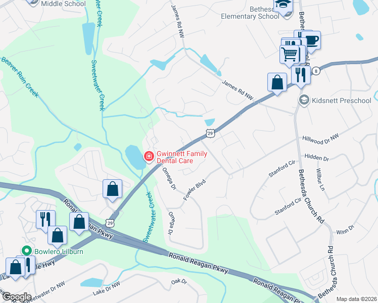 map of restaurants, bars, coffee shops, grocery stores, and more near 3455 Fernview Drive in Lawrenceville
