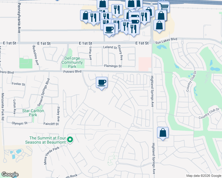 map of restaurants, bars, coffee shops, grocery stores, and more near 145 Tijeras Creek in Beaumont