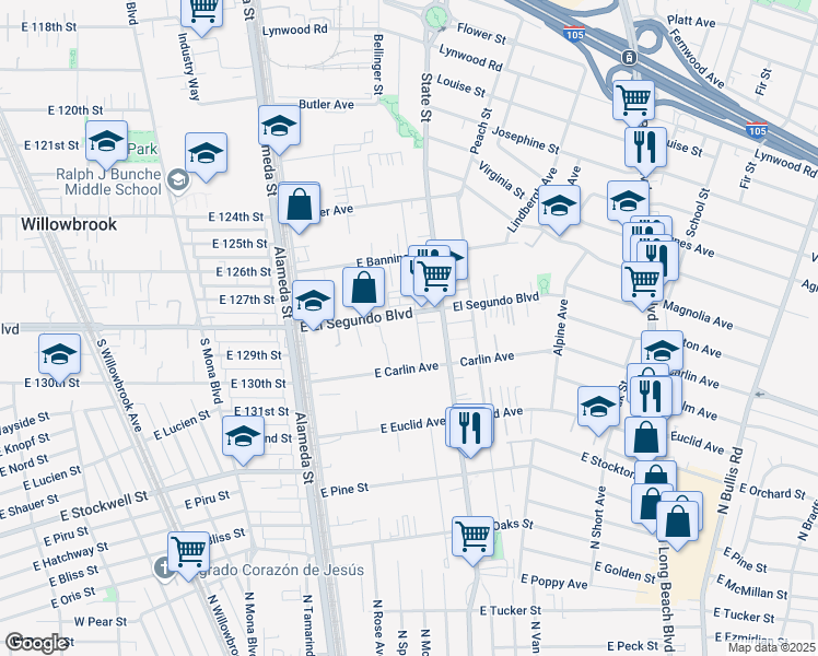 map of restaurants, bars, coffee shops, grocery stores, and more near 530 East El Segundo Boulevard in Compton