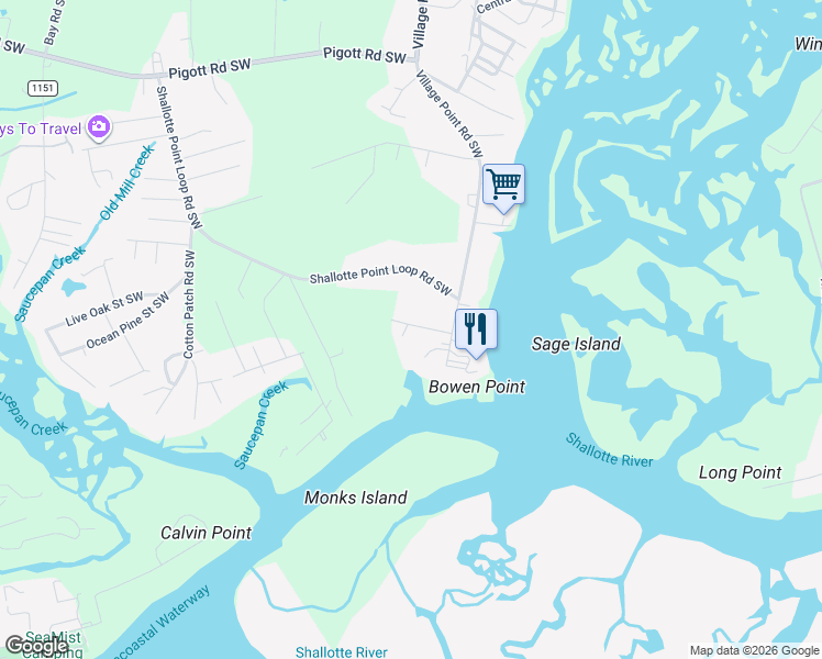 map of restaurants, bars, coffee shops, grocery stores, and more near 4160 Harrison Road Southwest in Shallotte