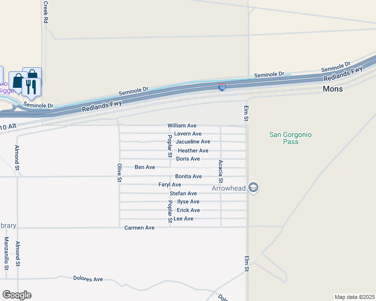 map of restaurants, bars, coffee shops, grocery stores, and more near Heather Avenue in Cabazon