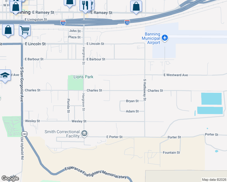 map of restaurants, bars, coffee shops, grocery stores, and more near 1200 Charles Street in Banning